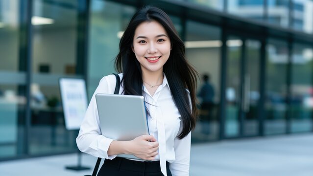 Confident Young Woman with Laptop Outside Modern Building
