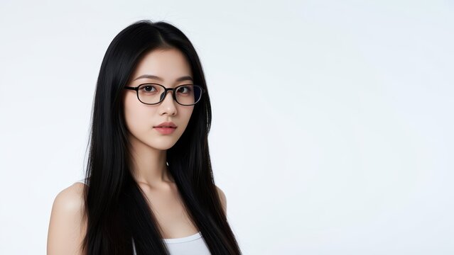 Young Woman with Glasses Portrait: A beautiful young woman with long, dark hair and eyeglasses looks confidently into the camera, her serene expression captured against a clean, bright backdrop.