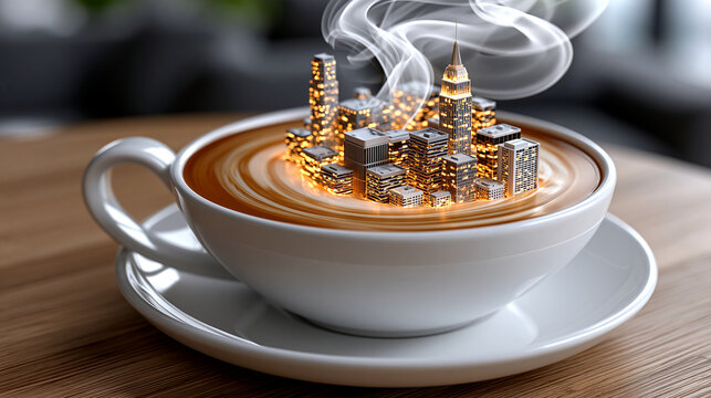 Miniature cityscape with illuminated buildings floating on the surface of a coffee in a white cup with steam rising.