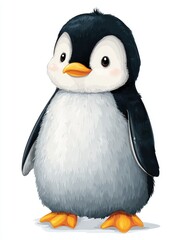 Fototapeta premium Cute Baby Penguin Illustration With Soft Fur And Bright Orange Feet Isolated On White Background