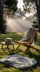 Fototapeta premium Wooden chair blanket sunlight garden morning peaceful outdoor reading relaxation nature