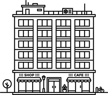 Minimalist line art illustration of a multistory apartment building with storefronts.
