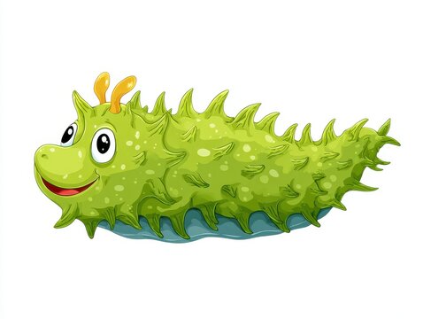 Cute Cartoon Green Caterpillar With Spikes Isolated On White Background