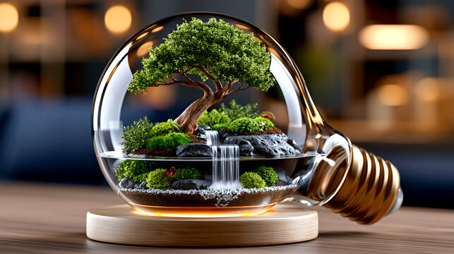 Miniature lush ecosystem with a waterfall contained within a clear glass light bulb