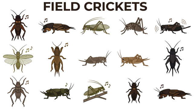 A collection of 15 illustrative drawings of field crickets in various poses and colors on a plain white background
