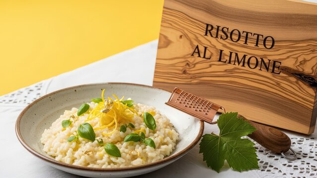 Creamy lemon risotto with lemon zest, micro-basil, and edible gold, styled with a carved wooden plaque, lace linen, a copper zester, and a vine leaf on a sun-yellow background with ample copy space.