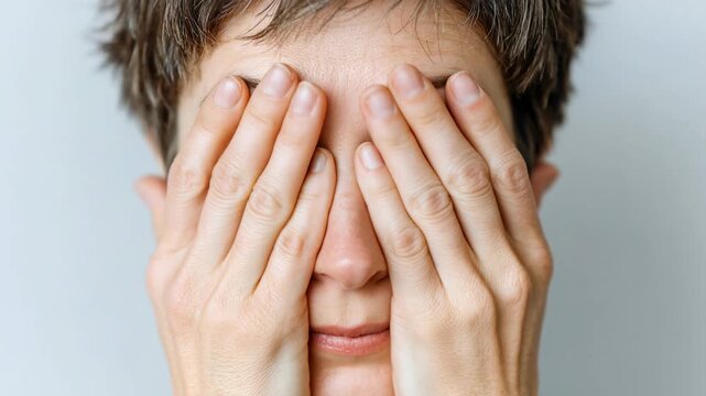 Hands cover face in a close-up shot showing a person in a neutral setting Generative AI