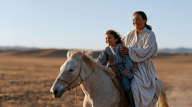 Kazakh horsewoman in rural steppe village teaching young niece bareback riding fundamentals in open grassland paddock at golden hour both laughing mid-lesson dust rising beneath
