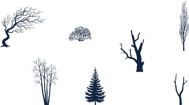 Bare trees and bushes black silhouette vector set featuring windy tree dead trunk pine fir cypress and shrub branches