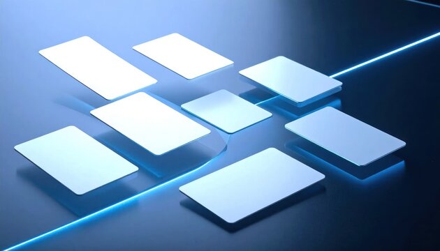 Abstract 3D geometric rectangles with blue glowing lines.