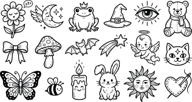 Black and white line doodles of animals, insects, and celestial bird butterfly