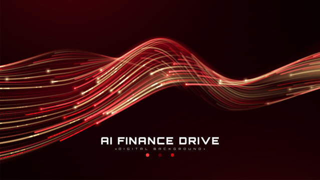 Glowing Red Light And Gold Dot Particle Curve Line Flow Graphic Design Shows Smart AI Finance Drive Wealth Growth Success Presenting Future Finance Global Market System.