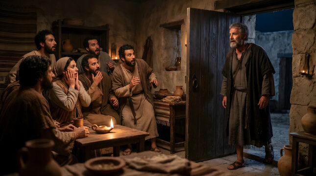 Saint Peter standing at the door of Mary house surprising the gathered disciples, Bible story illustration of the apostle escape from prison, Religious scene depicting ancient miracle