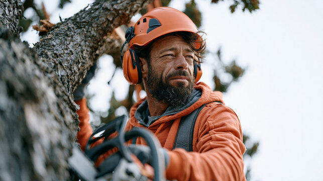 A certified arborist suspended in a harness high in the canopy of a mature oak tree using a handsaw to remove a deadwood limb, tree surgery, urban forestry, arboriculture trade,