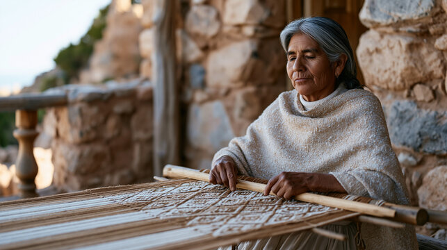Peruvian textile weaver seated at traditional backstrap loom on sunlit stone terrace, precise finger tension creating complex diamond pattern in hand spun alpaca yarn, indigenous