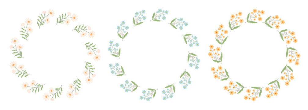 Cute wildflower wreath vector illustration set. Hand drawn floral circle frame doodle collection for spring and summer