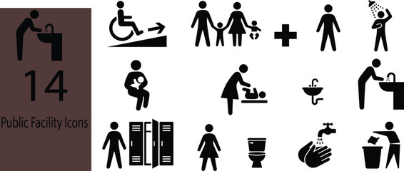 Obraz premium Public Facility Icons Set with Restroom Hygiene Accessibility and Family Services Vector CollectionPublic Facility Icons Set with Restroom Hygiene Accessibility and Family Services Vector Collection