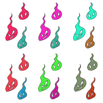 Colorful goblin ghost fire flames vector set, multicolor spooky will-o'-the-wisp bundle hand-drawn colored pencil illustration for Halloween character creator, isolated on transparent background.