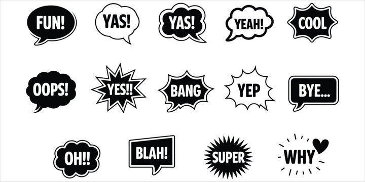 Collection of fifteen speech bubbles with various words and exclamations, black and white, isolated on white background
