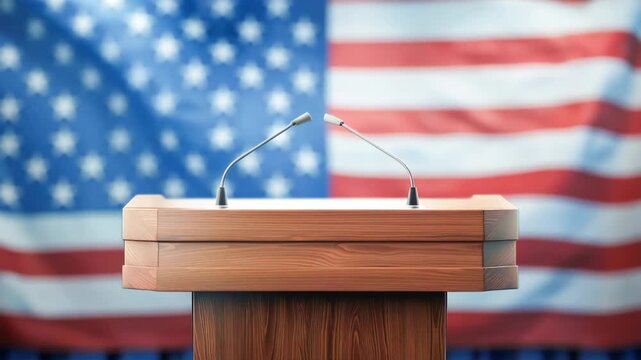Microphone set on podium in front of American flag background Generative AI