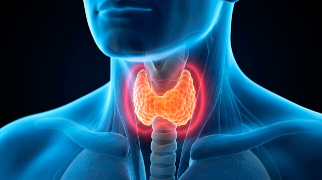 Anatomical illustration of the human thyroid gland with a red glow indicating inflammation or activity