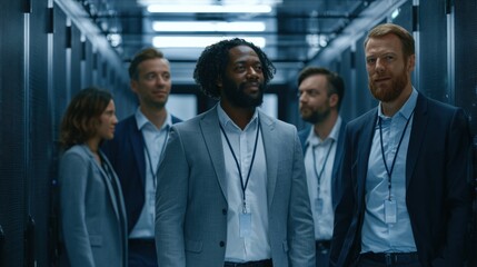 Obraz premium Confident diverse group of business professionals walking through modern office corridor with identification badges networking and collaborating for project success