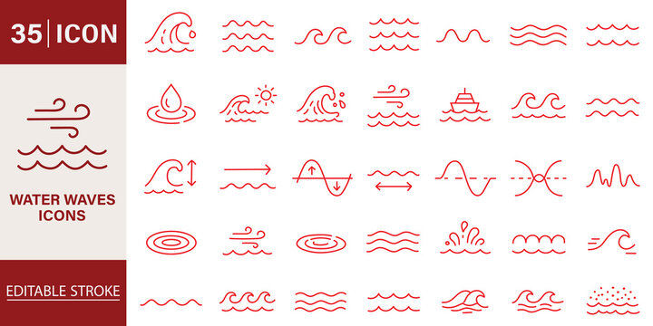 Ocean wave line icons set water sea surf nautical symbols minimal outline vector illustration nature marine collection isolated background

