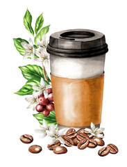 Coffee to go paper cup with coffee beans and branch with flowers and berries. Original Hand-painted watercolor illustration,  isolated on white background © dariaustiugova
