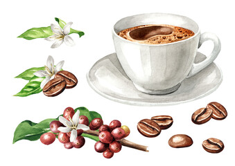 Cup of coffee with branch of coffee tree and coffee beans set. Original Hand drawn watercolor illustration, isolated on white background © dariaustiugova