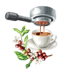 Espresso pouring from coffee machine in the  Cup. Original Hand drawn watercolor illustration isolated on white background © dariaustiugova
