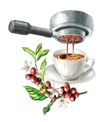 Espresso pouring from coffee machine in the  Cup. Original Hand drawn watercolor illustration isolated on white background © dariaustiugova
