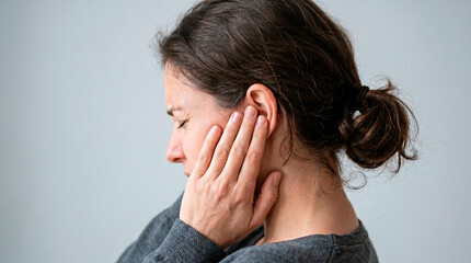 Fototapeta premium Woman experiencing ear pain, holding her hand to her ear in discomfort