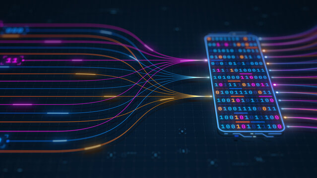 Binary Data Processing Node with Digital Information Flow Illustration