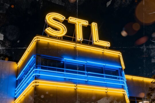 Neon 'STL' Sign Illuminates Nighttime Cityscape