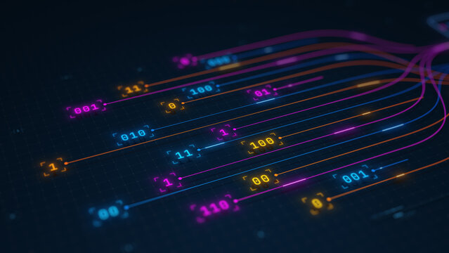 Binary Data Stream Flow Through Digital Network Technology Illustration