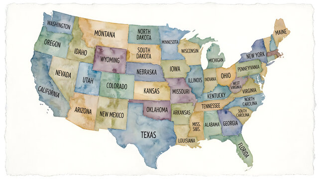 Watercolor us map with state names educational wall art for classrooms offices and home decor united states geography