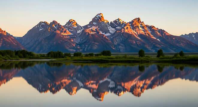 Grand Teton Mountain Range Reflection Snake River Sunrise Golden Light Wyoming Landscape