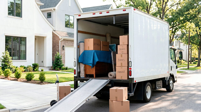 Moving truck loaded with boxes and furniture parked in front of a modern house