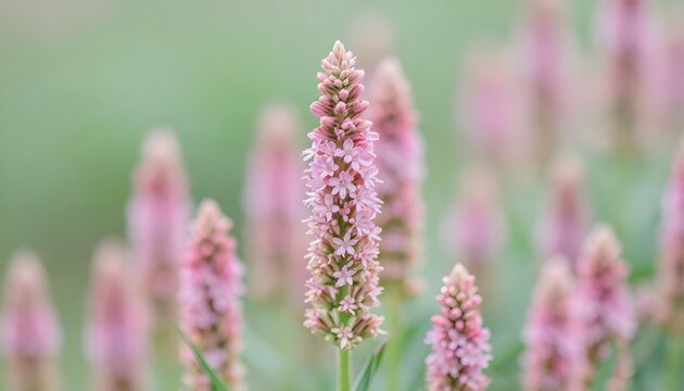 Close-up of delicate pink flower spikes with a soft green bokeh background