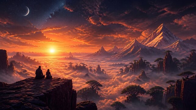 Couple watches surreal alien sunset over misty mountain peaks and starry sky