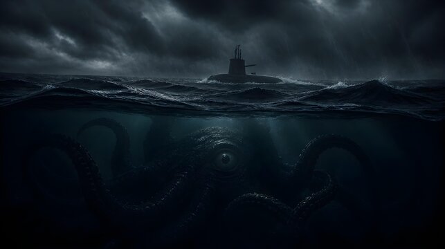 Submarine encounters giant kraken in stormy dark ocean depths