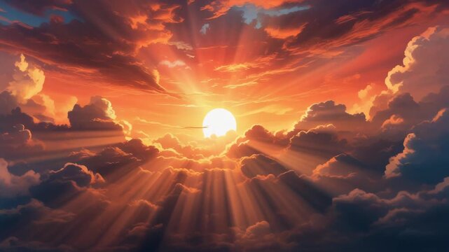Sun rays through parting clouds slow motion from directly above at sun