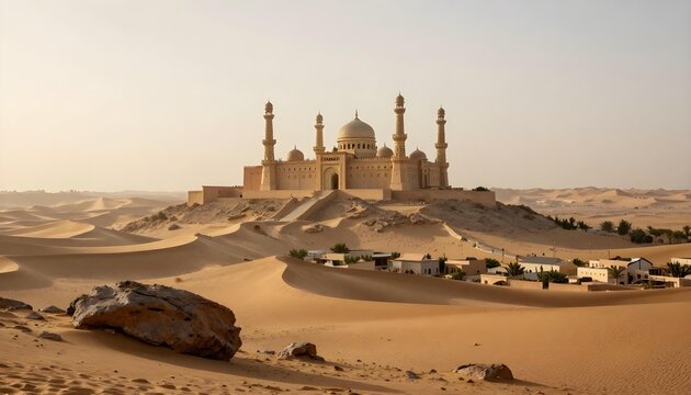 Majestic desert fortress with domes and minarets stands proudly against the dunes