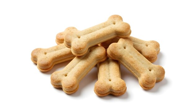 Pile of bone-shaped dog biscuits arranged on a clean white background