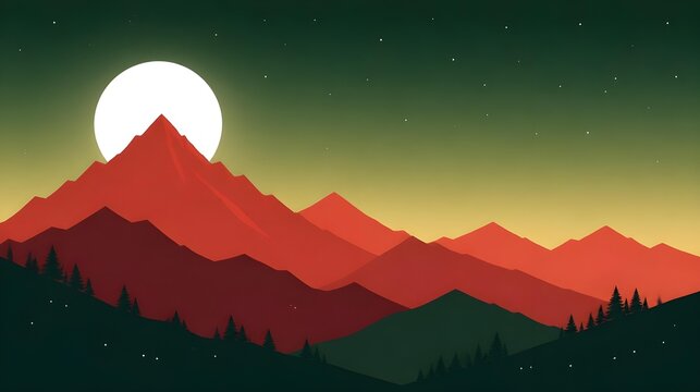Minimalist mountain landscape with a large moon rising over red peaks