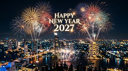 Fototapeta premium Night city skyline with happy new year 2027 fireworks celebration.