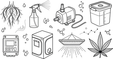 Hydroponic cannabis indoor grow equipment icons set including tent led grow light water pump reservoir roots spray bottle. © MdMursalin