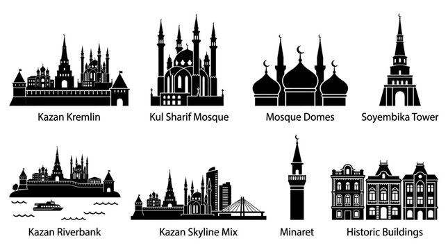 Kazan landmark silhouette illustration icon vector collection featuring Kul Sharif Mosque, Kremlin, minarets, domes, towers, and historic architecture representing Russian and Islamic cultural heritag