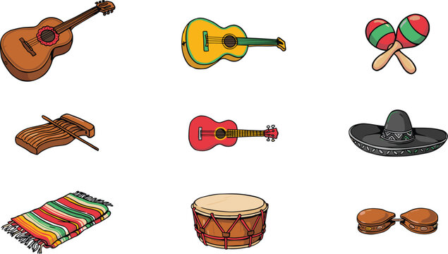 Traditional Mexican musical instruments and culture elements vector set featuring guitars maracas drum castanets serape blanket and a sombrero hat for fiesta party decoration