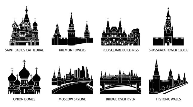 Moscow landmark silhouette illustration icon vector collection featuring Saint Basil&rsquo;s Cathedral, Kremlin towers, Red Square, skyline, bridges, and historic architecture in elegant black design.